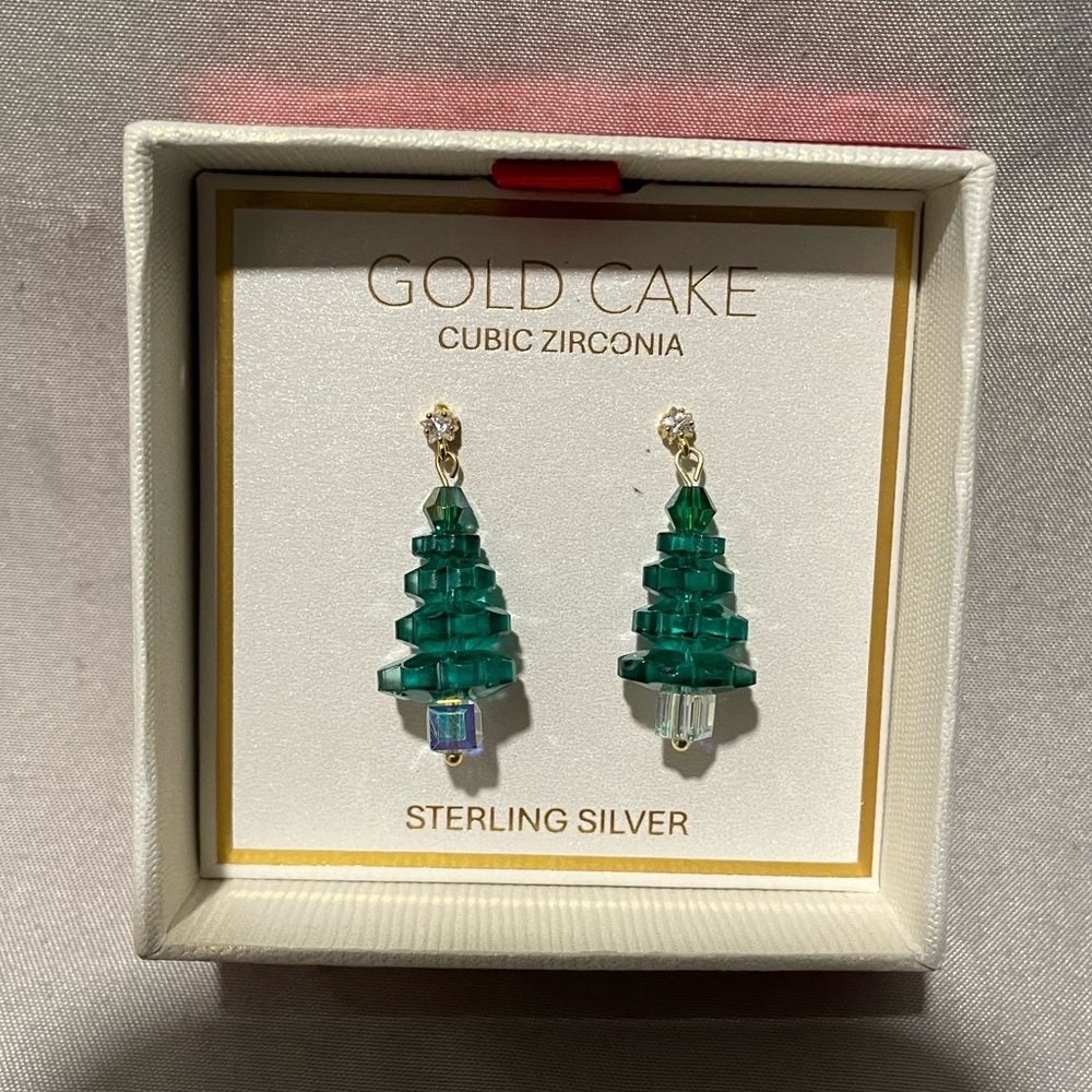 Gold Cake Green Christmas Tree Earrings with Cubic Zirconia